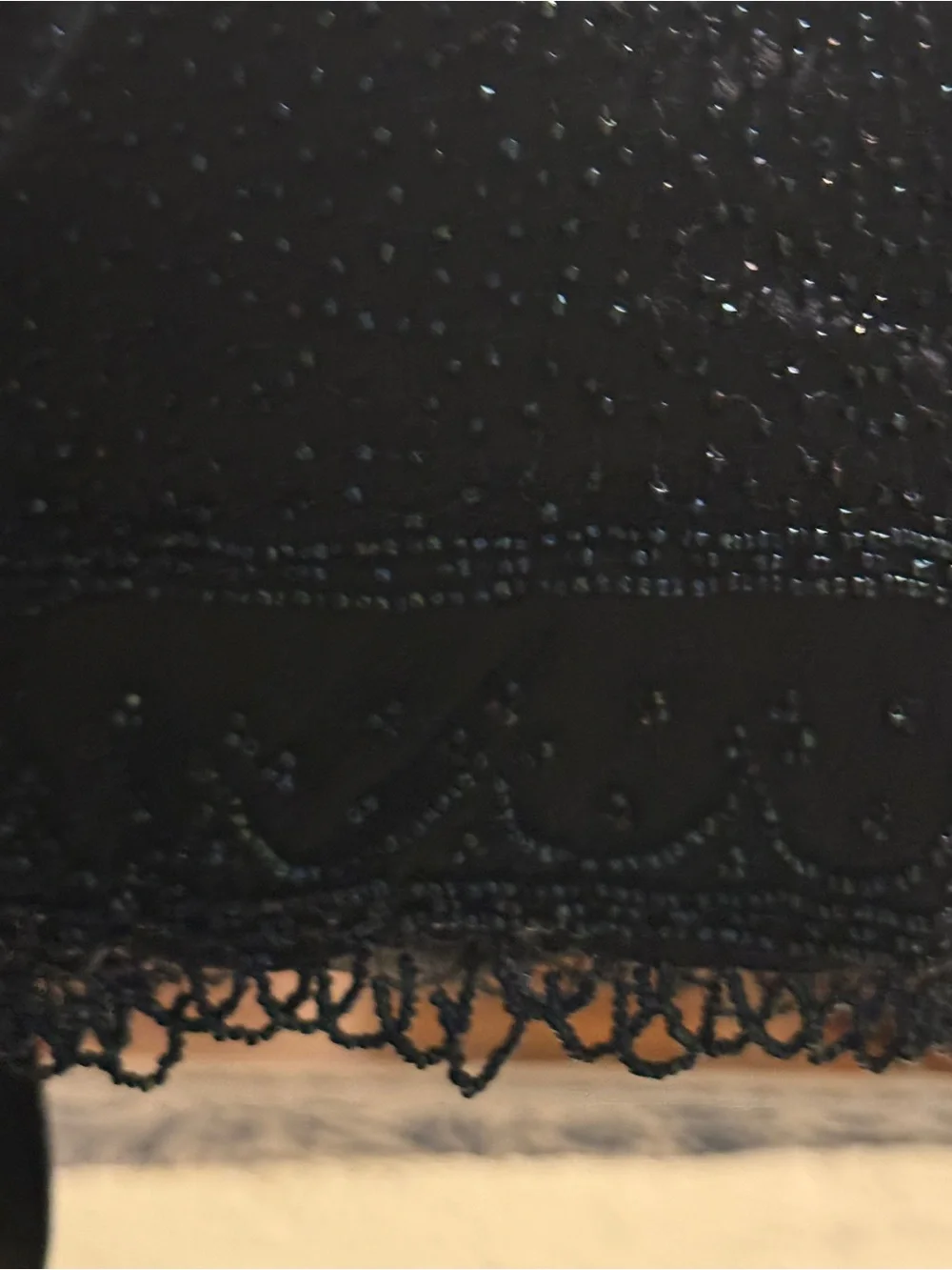 Black Drawstring Evening Pouch with sparkling black beading, Unbranded. 8” X 7”